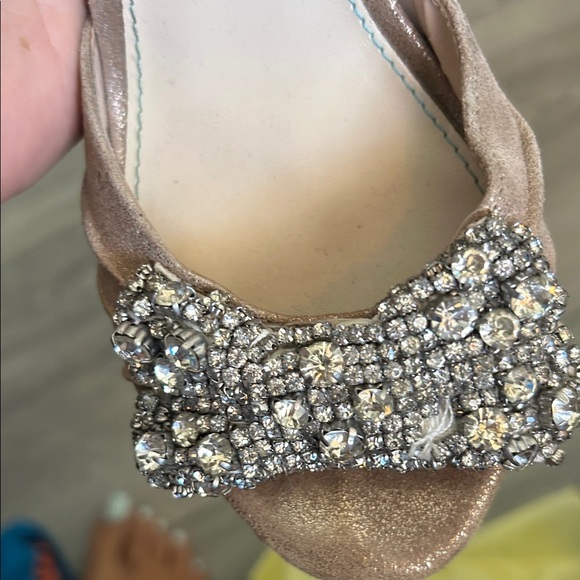 Betsey Johnson Gold Peep-Toe Heels with Rhinestone Bow - Picture 2 of 6